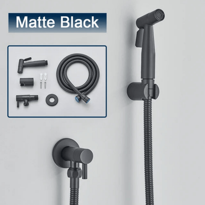"Toilet bidet sprayer, modern ontwerp, roestbestendig, zilver, zwart, hygiënisch en comfortabel accessoire voor badkamer."