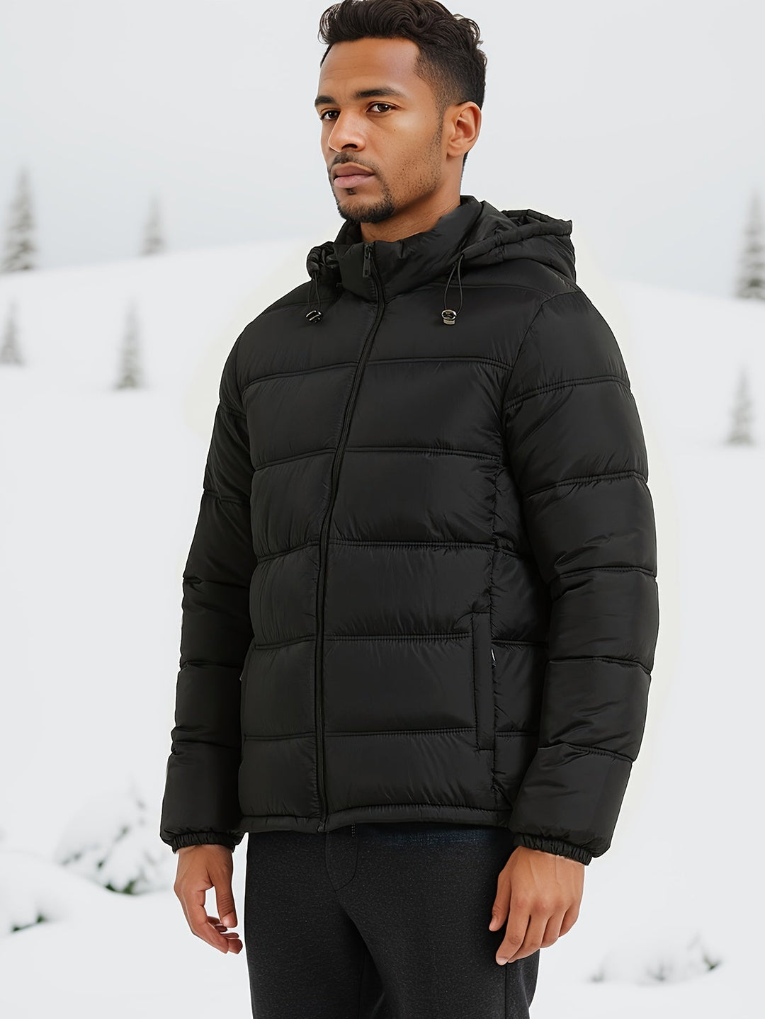 Elegante zwarte heren pufferjas met capuchon, veelzijdig voor herfst en winter, biedt warmte en een moderne uitstraling.
