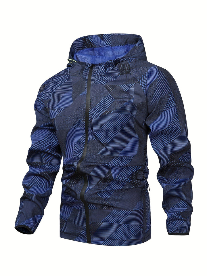 Herfstjas voor mannen: kleurblok design, rits, capuchon en windbreaker functie.