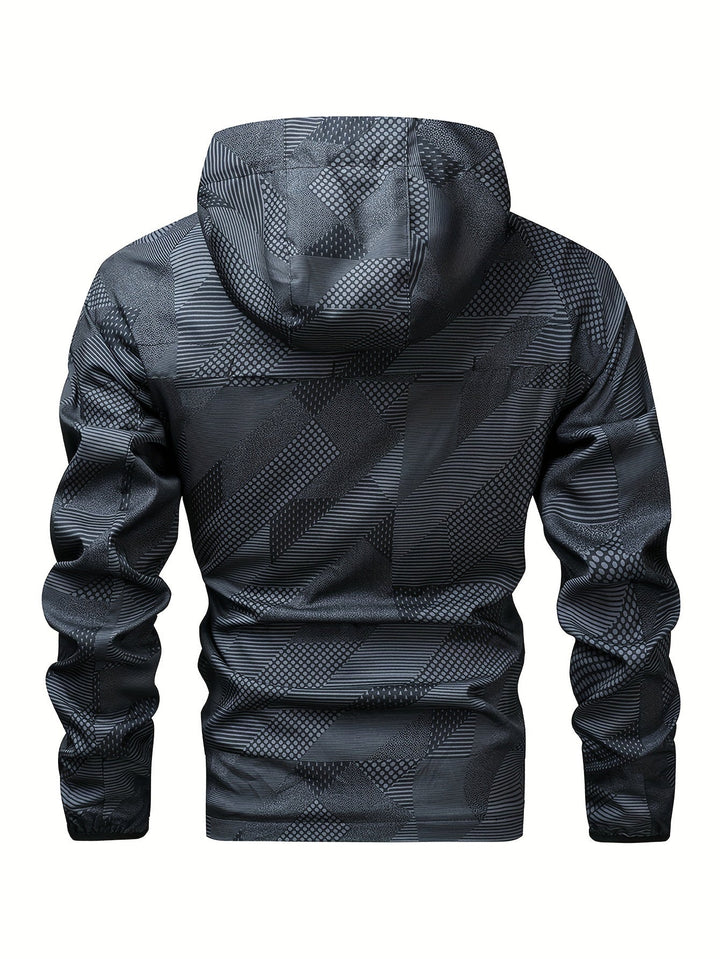 Stijlvolle heren capuchonjas met kleurblokken en ritssluiting; casual herenkleding.