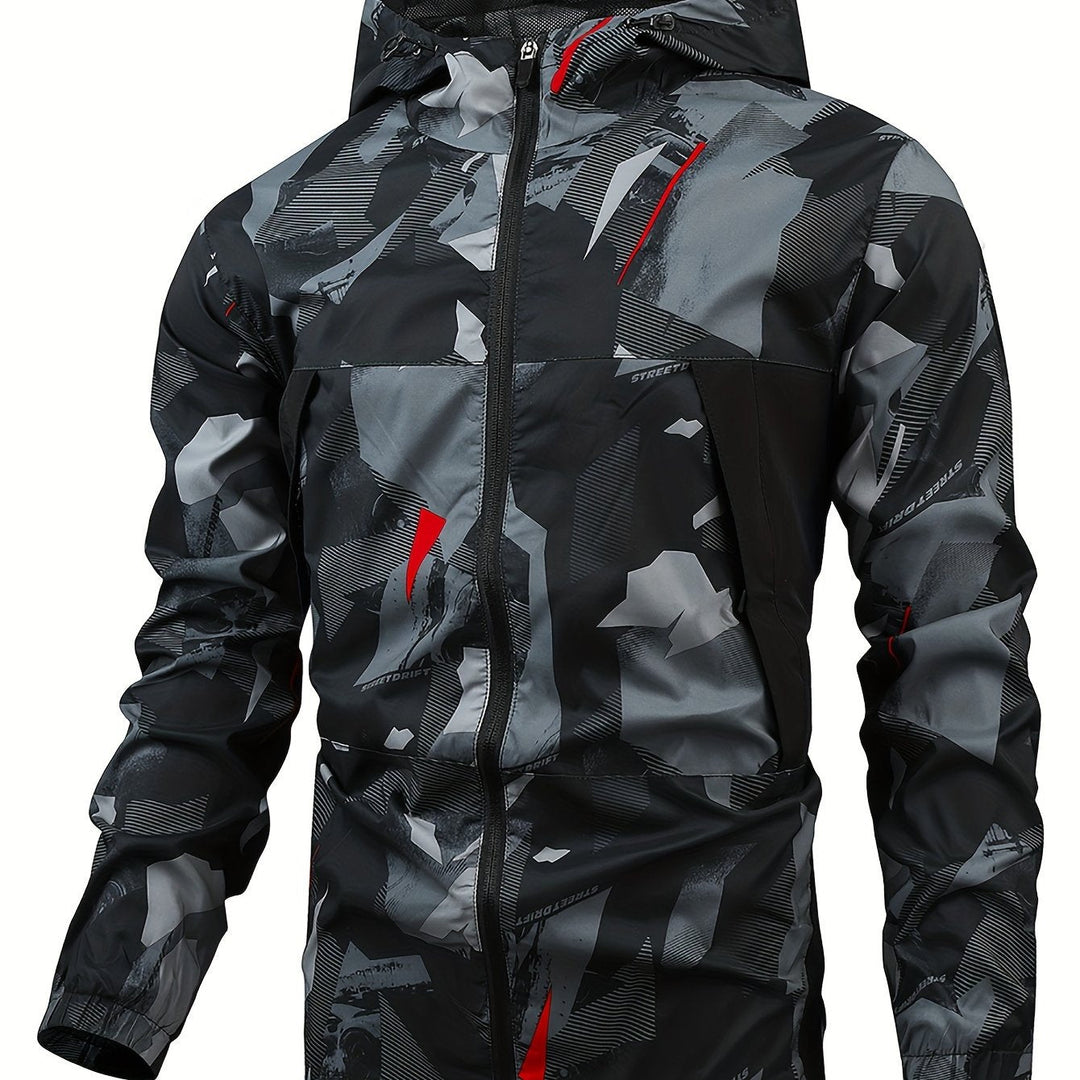 Windbreaker voor heren met rits, capuchon en opvallende kleurblokken; sportief en comfortabel.