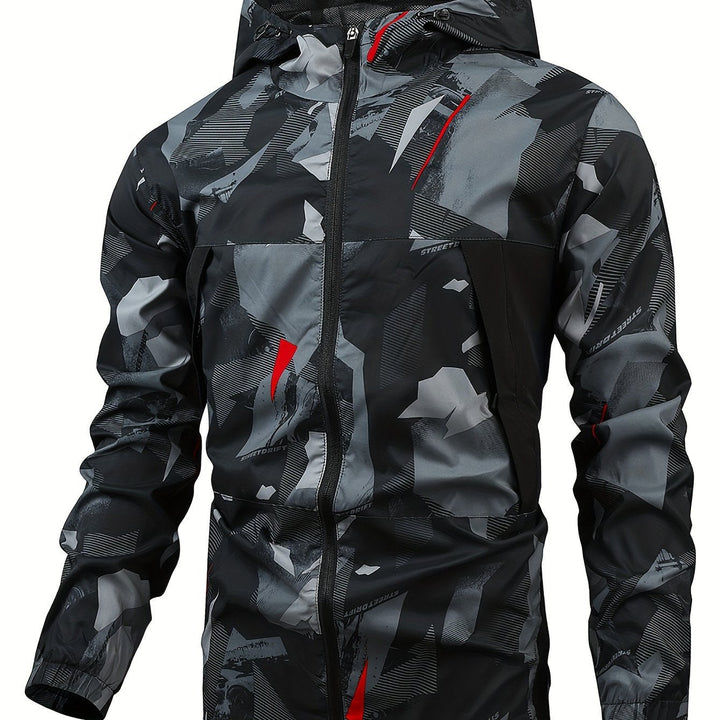 Windbreaker voor heren met rits, capuchon en opvallende kleurblokken; sportief en comfortabel.
