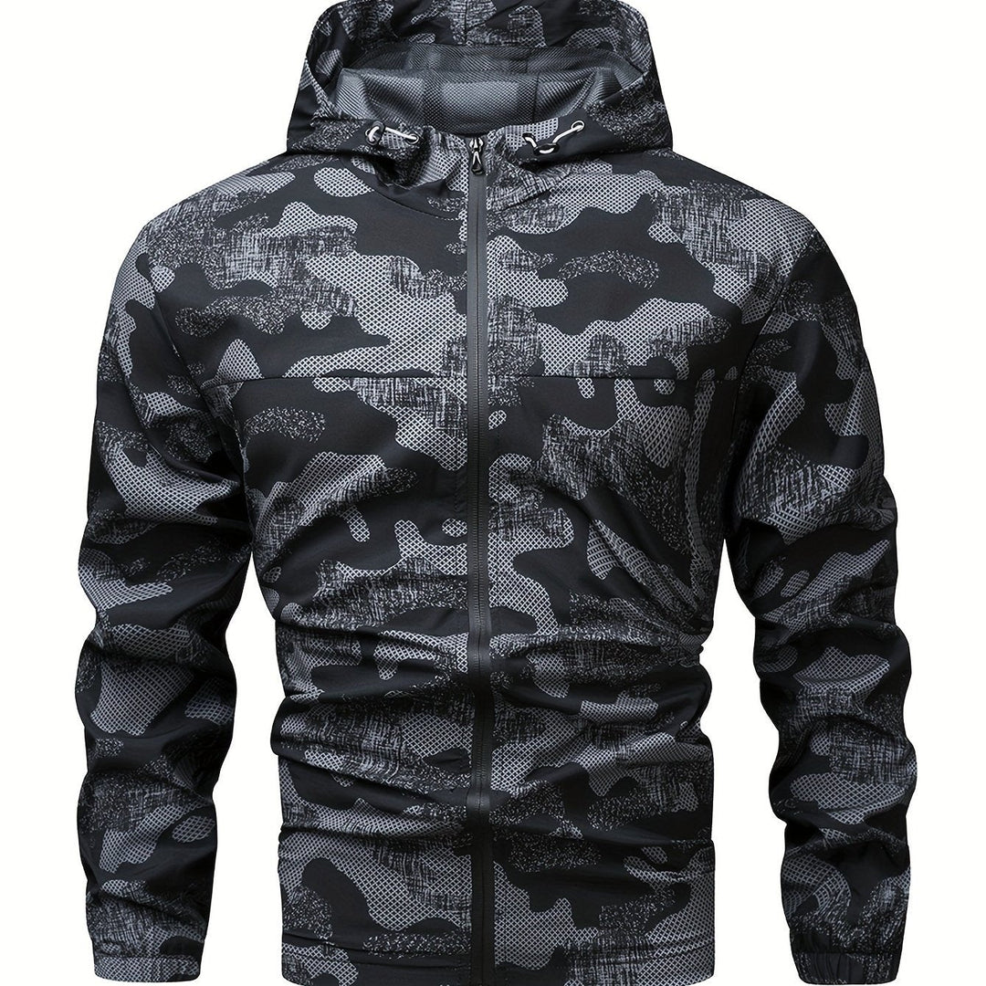 Heren windbreaker jas met capuchon en rits; comfortabele en moderne kleurblokken.