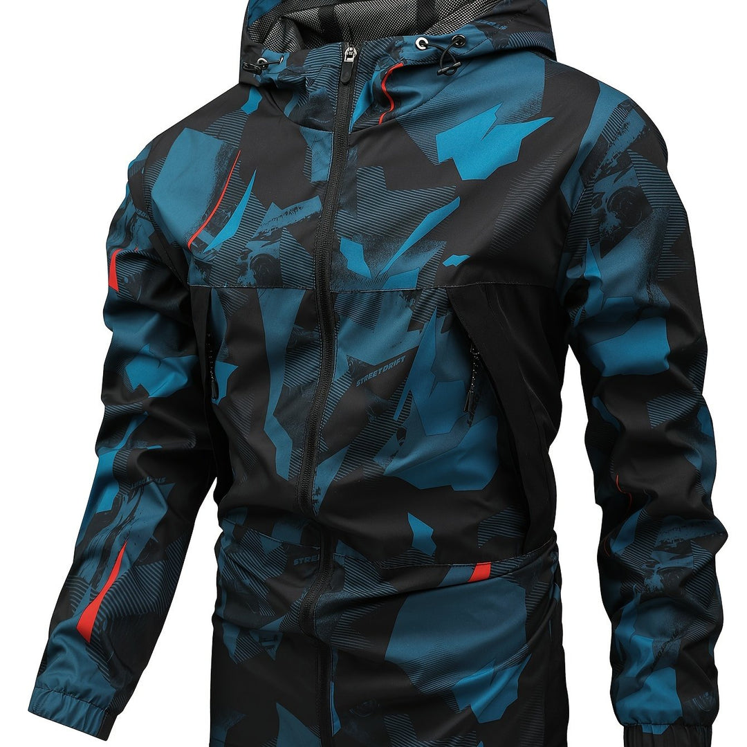 Moderne heren windbreaker met kleurblokken, rits en capuchon; perfecte herenkleding.