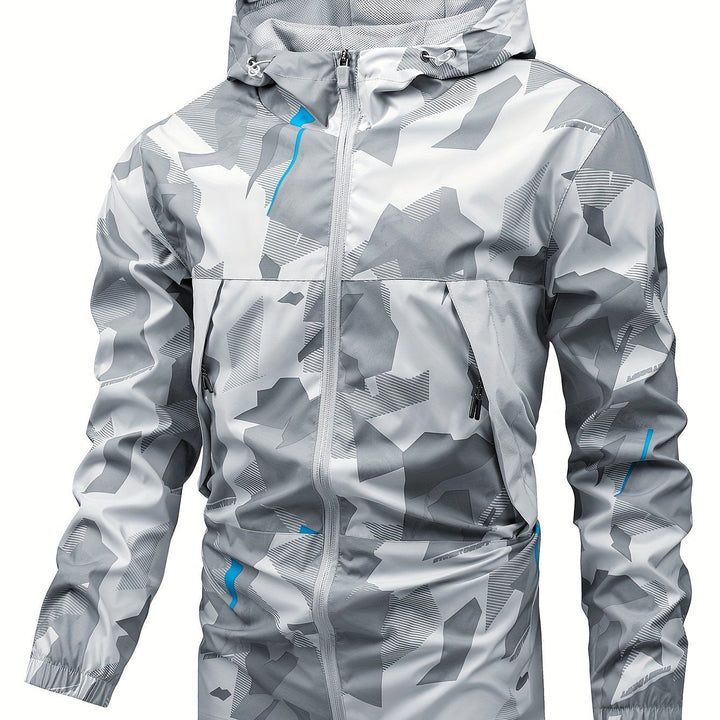 Moderne heren capuchonjas met rits en kleurblokken; trendy en praktisch.