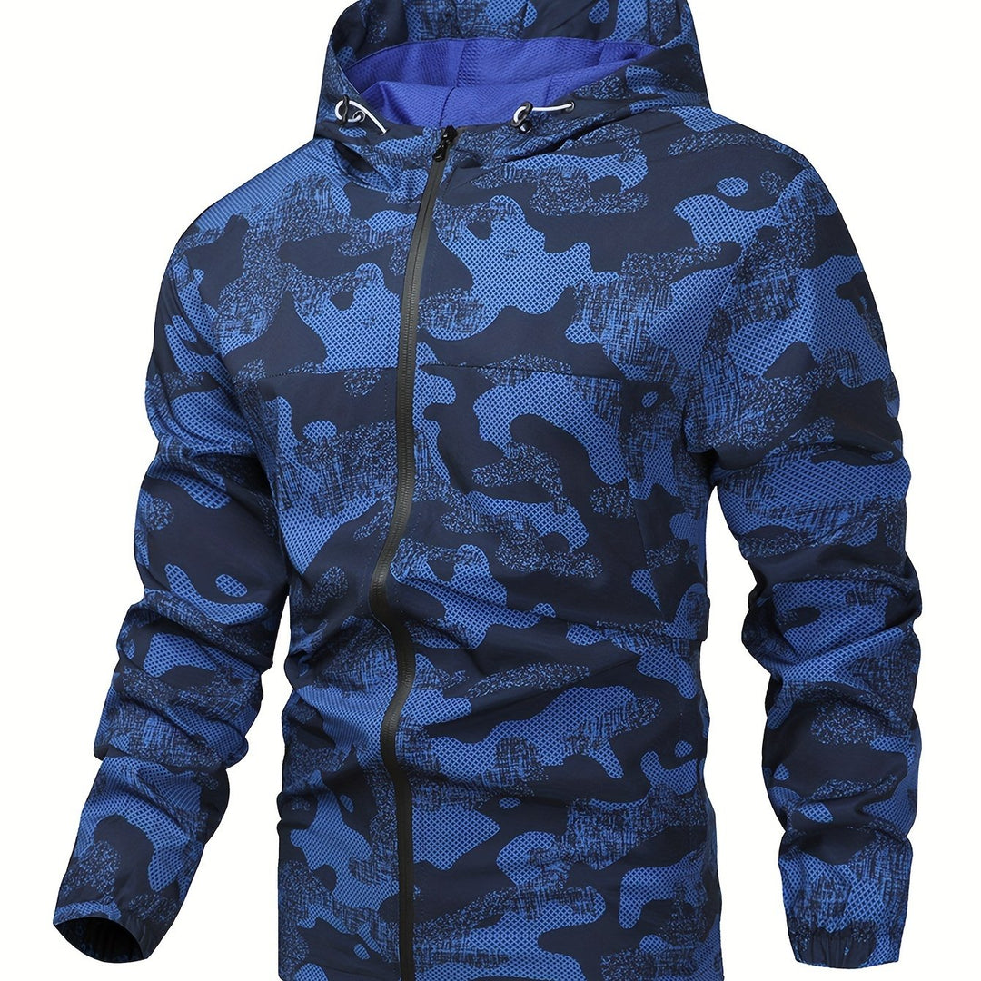 Sportieve heren windbreaker met rits, capuchon en kleurblokken; geschikt voor lente en herfst.