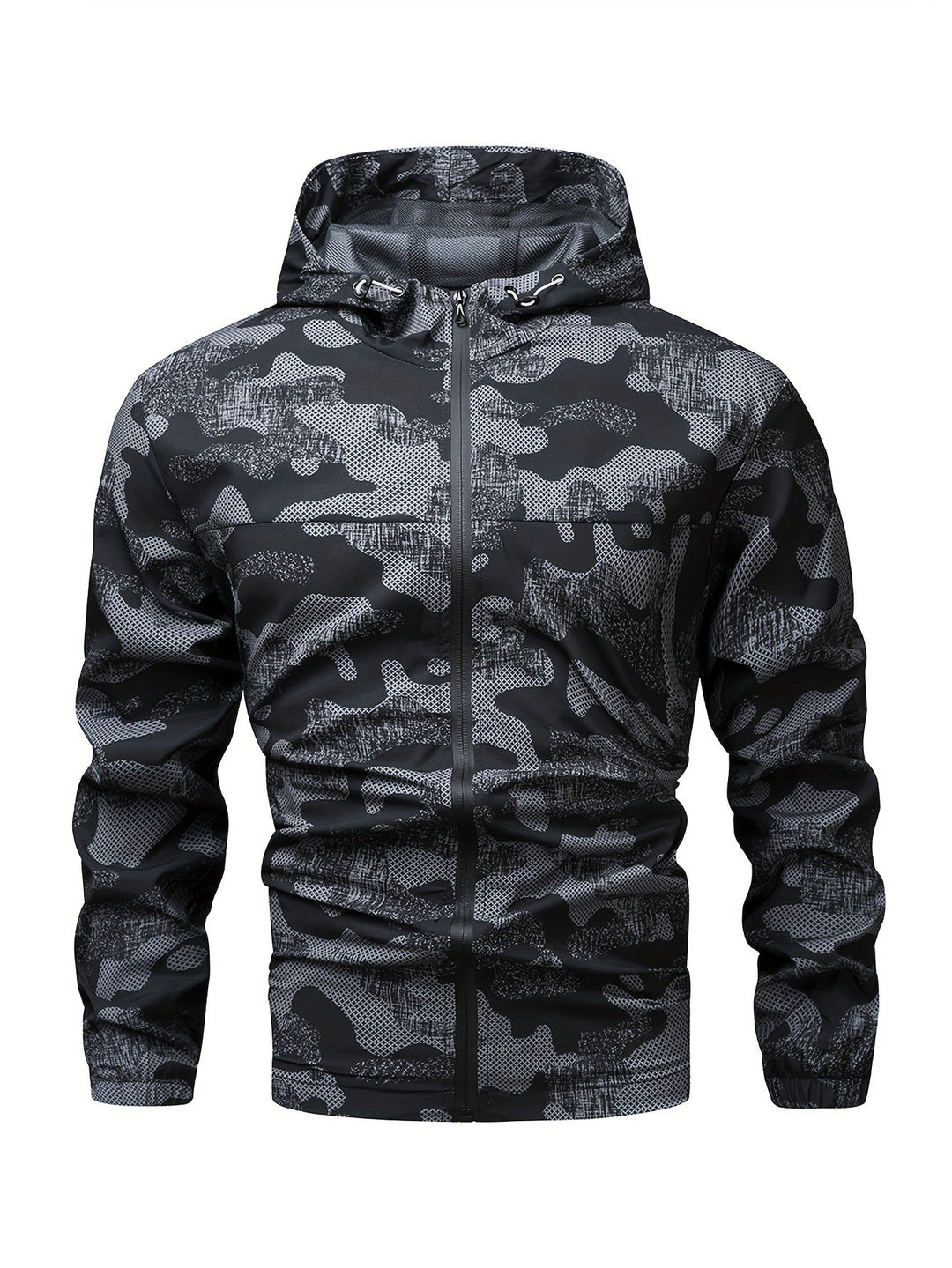 Alledaagse heren windbreaker met capuchon, ritssluiting en opvallend kleurblokpatroon.