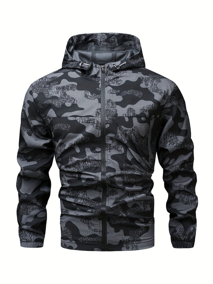 Alledaagse heren windbreaker met capuchon, ritssluiting en opvallend kleurblokpatroon.