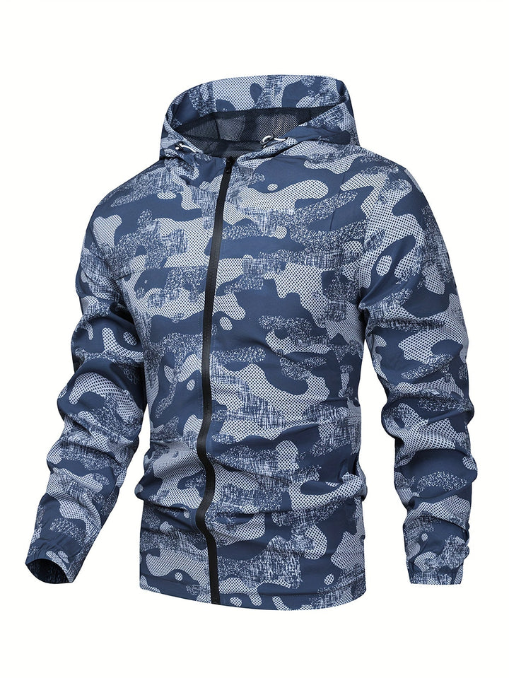 Heren kleurblok windbreaker, rits aan de voorkant, capuchon, sportief en modern design.