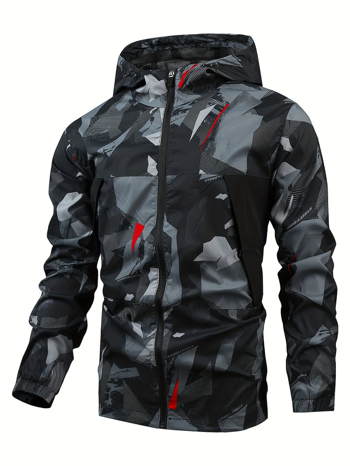 Heren kleurblok jas met capuchon en rits; casual windbreaker voor lente en herfst.