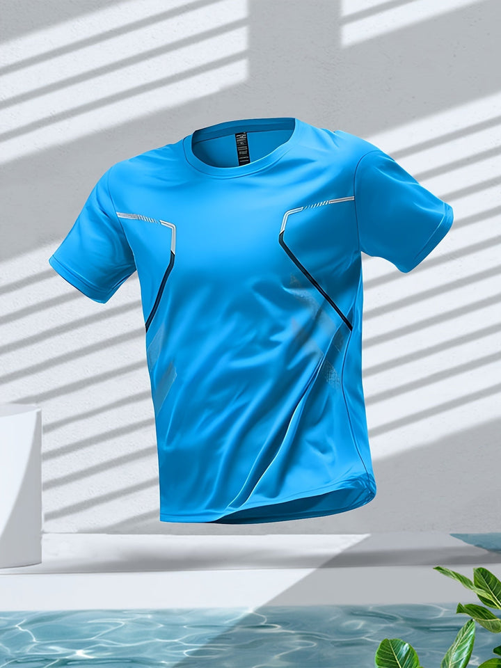 Hardloper in kleurrijk sneldrogend heren T-shirt, optimale bewegingsvrijheid voor sport.