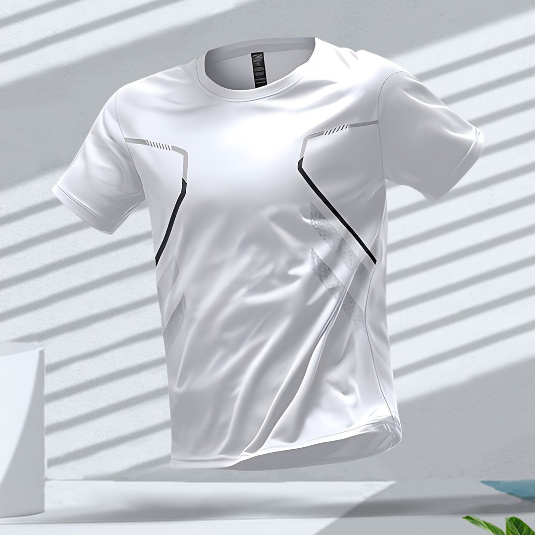 Levendig kleurrijk heren sportshirt, sneldrogend en loszittend, energiek voor sport.