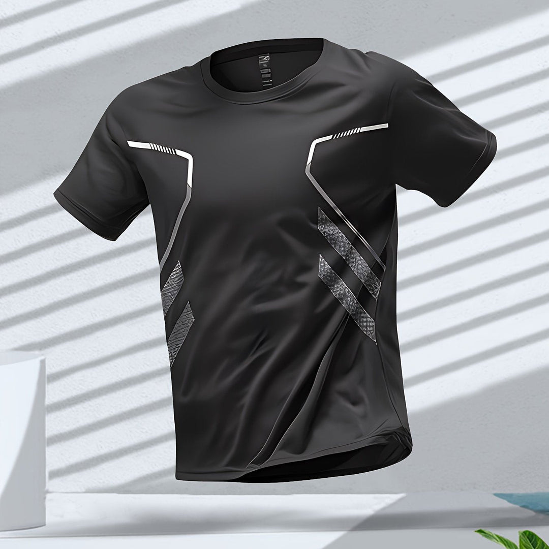 Detail van sneldrogende stof van het heren sportshirt, ademend en lichtgewicht.