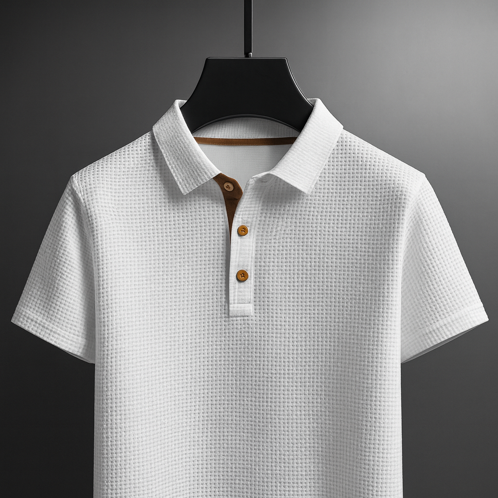 Man draagt casual herenpolo met textuur en korte mouwen. Perfect voor zomerse dagen. Comfortabele herenkleding.