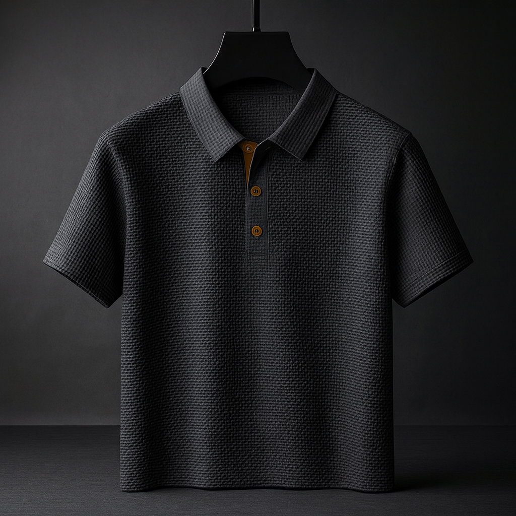 Detail van de button-down kraag op deze stijlvolle herenpolo met textuur en korte mouwen. Casual comfort.