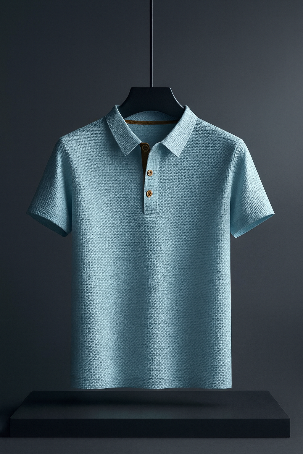 Close-up van de unieke textuur van dit stijlvolle heren poloshirt met korte mouwen. Comfortabele stof.