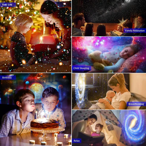 Compacte Orion 13-in-1 galaxy projector op nachtkastje; verlicht de slaapkamer met een prachtige sterrenhemel.