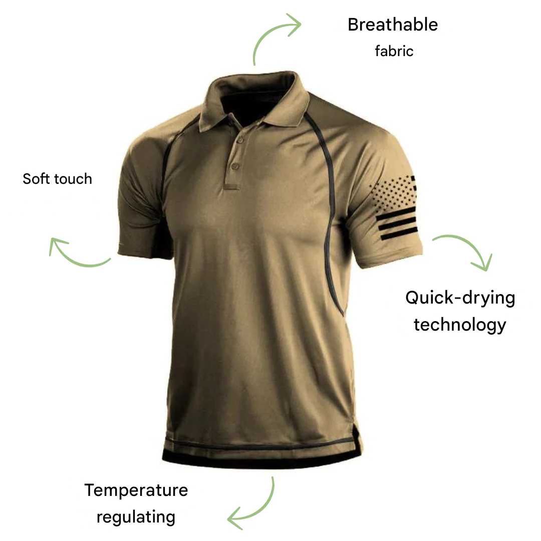 Collectie TrailCore heren sneldrogende outdoor poloshirts in khaki, groen en grijs. Comfortabel, ademend en ideaal voor zomer.