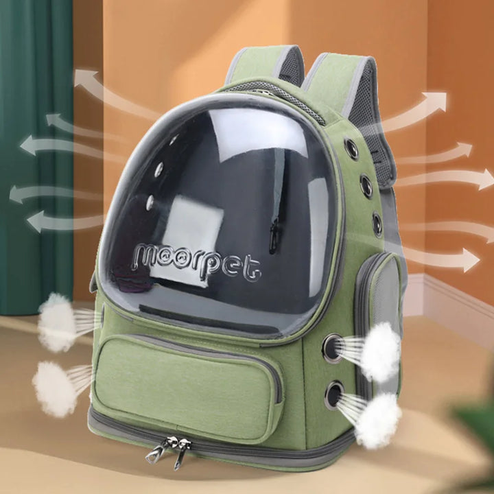 Compacte dierenvervoer rugzak, ademend en transparant design voor veilig en stressvrij reizen.