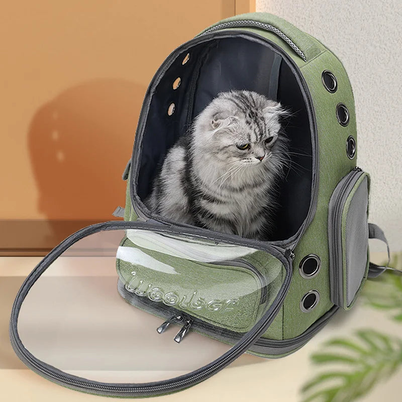 Ergonomische dierenrugzak met kijkvenster; comfortabel voor eigenaar en huisdier op avontuur.