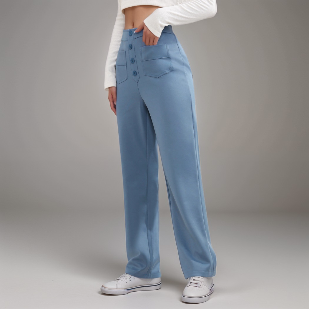 "Trendy hoge taille broek dames, slank silhouet, zwart, superzacht, stretch, zakken, eco-vriendelijk, stijlvol en comfortabel