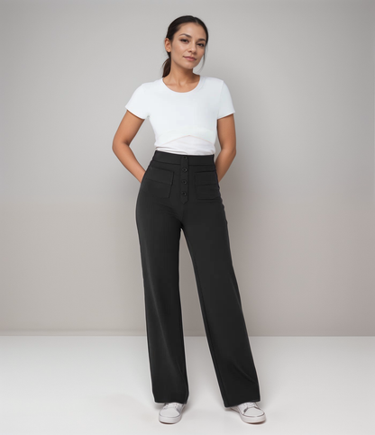 "Trendy hoge taille broek dames, slank silhouet, zwart, superzacht, stretch, zakken, eco-vriendelijk, stijlvol en comfortabel