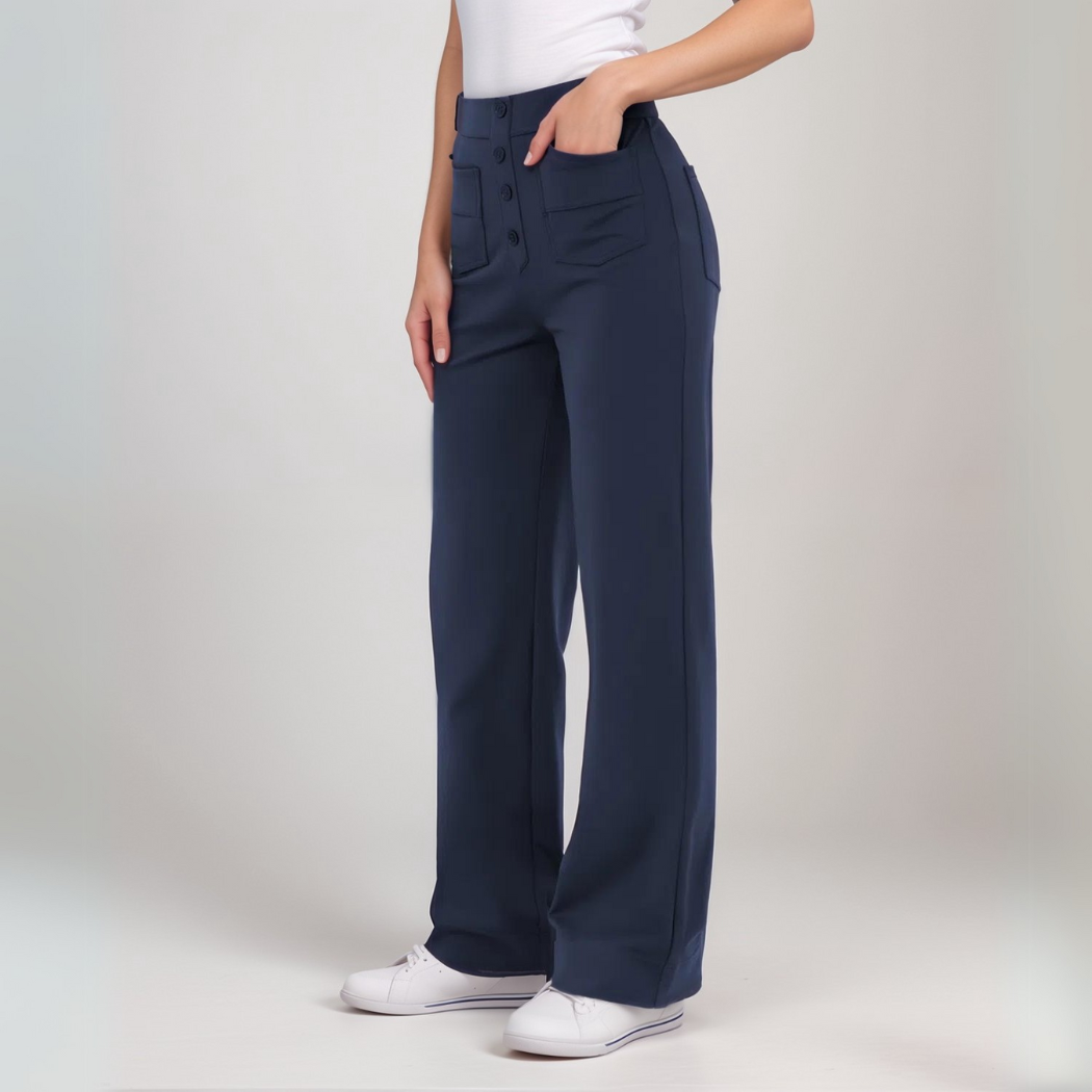 "Trendy hoge taille broek dames, slank silhouet, zwart, superzacht, stretch, zakken, eco-vriendelijk, stijlvol en comfortabel