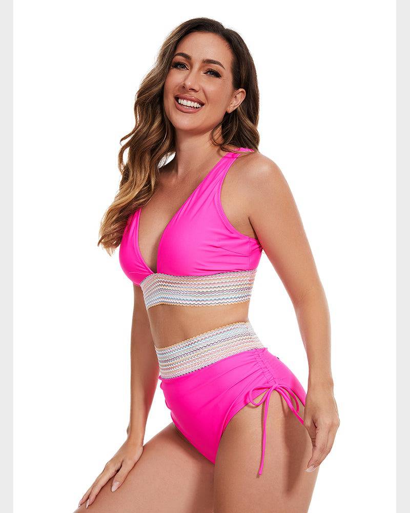 "Trendy verstelbare damesbikini, wine red, met high-waisted design en kleurblokken voor elegantie en comfort."