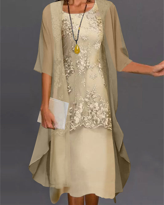 "Tweedelige elegante chiffon jurk voor dames met 3/4-mouwen, luchtige stof, perfect voor lente en zomerdagen."