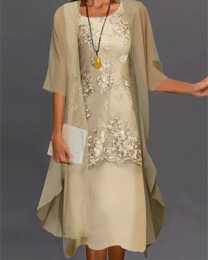 "Tweedelige elegante chiffon jurk voor dames met 3/4-mouwen, luchtige stof, perfect voor lente en zomerdagen."