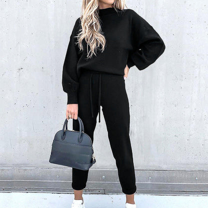 "Tweedelige loungewear set: zachte coltrui met lanternmouwen en high-waist broek in verschillende kleuren voor ultiem comfort