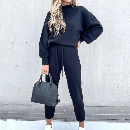 "Tweedelige loungewear set: zachte coltrui met lanternmouwen en high-waist broek in verschillende kleuren voor ultiem comfort