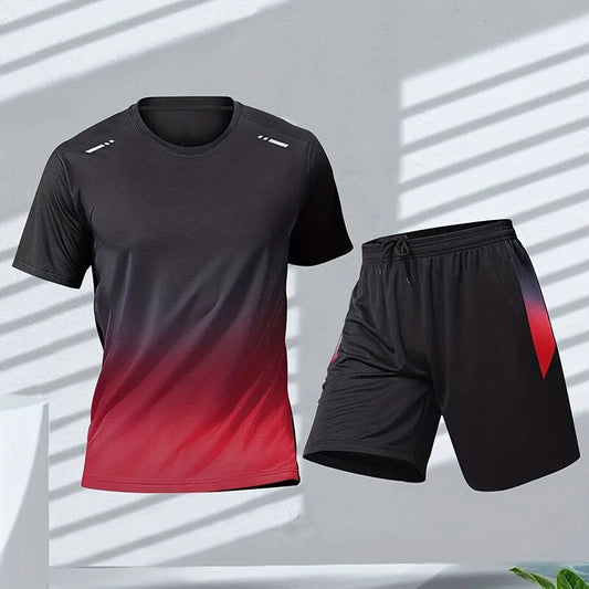 Tweedelige sportkleding set voor heren met kleurverloopprint, biedt comfort en bewegingsvrijheid, moderne T-shirt en korte br