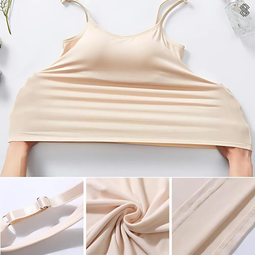 Tyra dames top met BH-integratie, naadloos, in beige. Elegante, ademende stof voor dagelijks comfort en stijl.