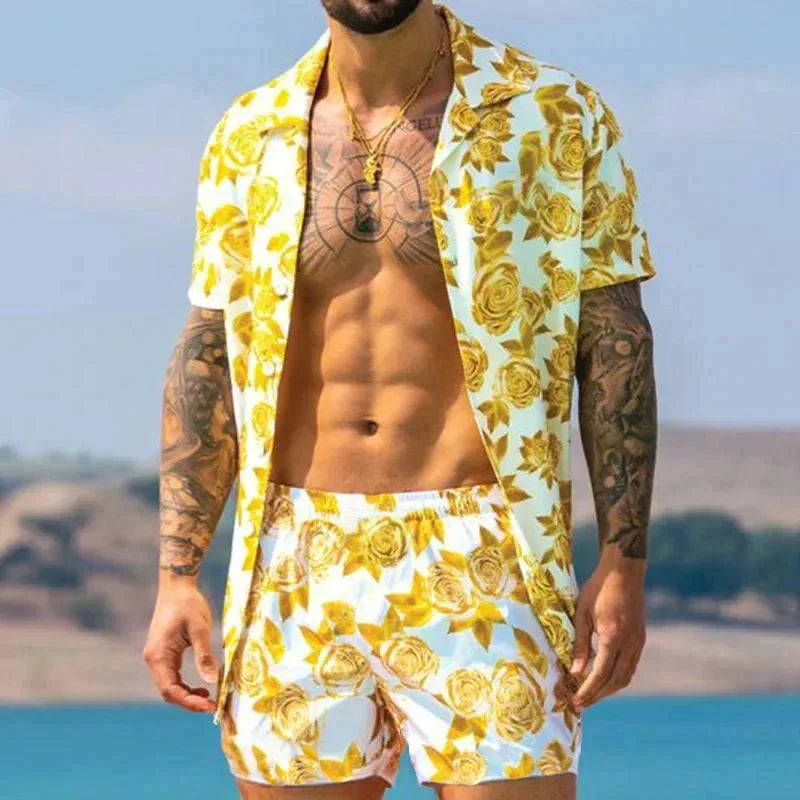 Zomers herenshirt met korte mouwen en opvallende print, deel van comfortabele set.