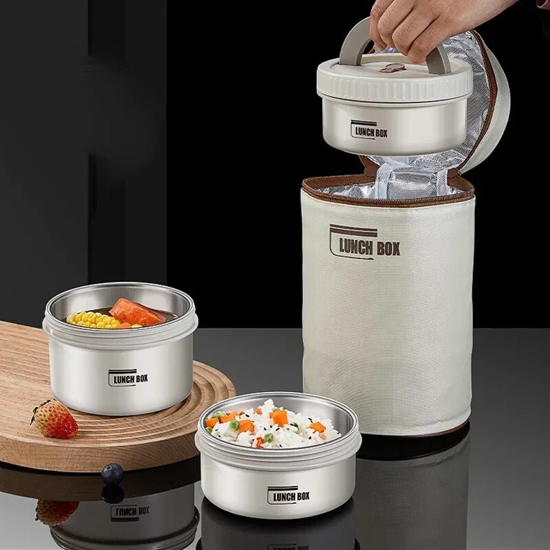 Herbruikbare geïsoleerde RVS lunchbox set. Geniet overal van verse, warme maaltijden, makkelijk draagbaar.