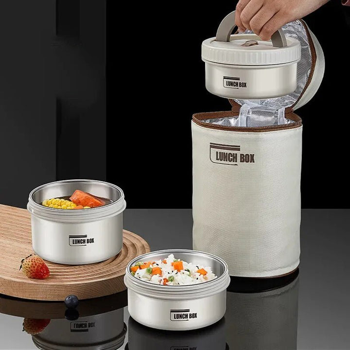 Herbruikbare geïsoleerde RVS lunchbox set. Geniet overal van verse, warme maaltijden, makkelijk draagbaar.