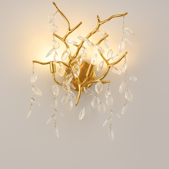 Zilverkleurige Aurelia kroonluchter, bladontwerp, met schitterende kristallen. Designlamp.