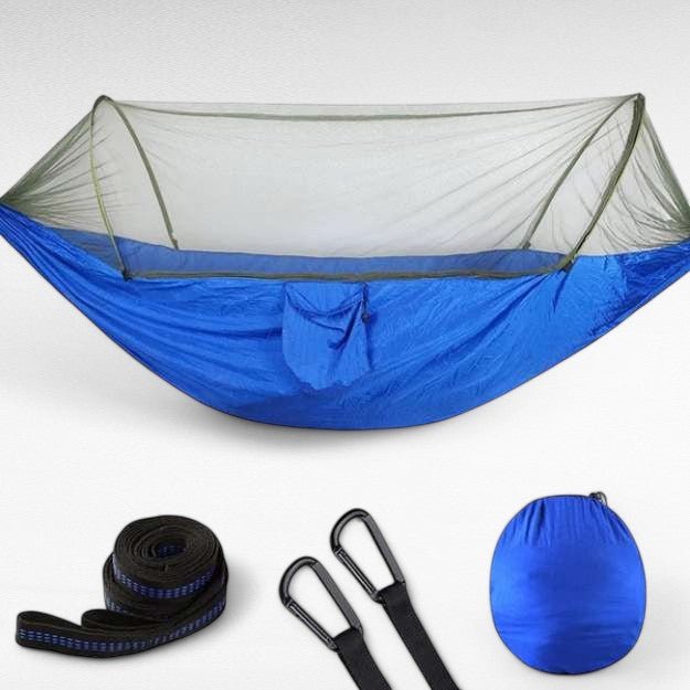 Comfortabele reis hangmat: Ontspan in deze ruime camping hangmat met insectennet, ideaal voor reizen en kamperen.