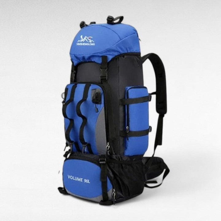 Grote 90 liter waterdichte wandelrugzak, unisex model. Perfect voor uitgebreide outdoor reizen en kampeeruitrusting.