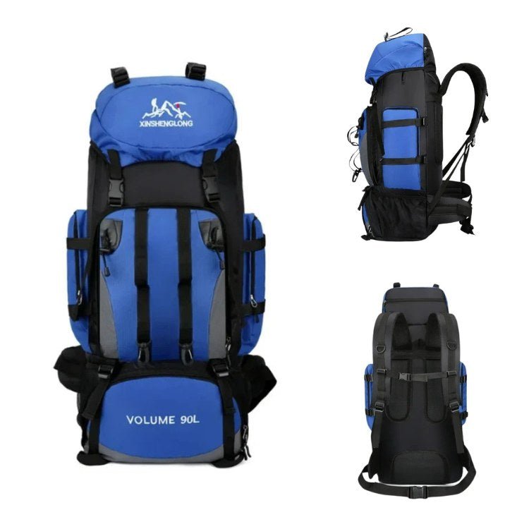 Blauwe ultralichte 90L reisrugzak, waterdicht en geschikt voor trekking, hiking en langeafstandswandelingen.