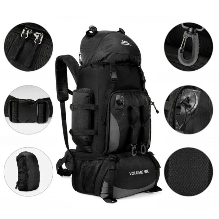Duurzame unisex hiking backpack, 90L, waterdicht en comfortabel voor al je kampeer- en outdoor activiteiten.