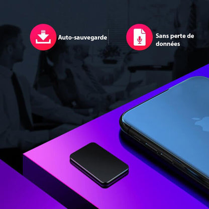"Ultradunne Mini Spy Microfoon Recorder, 5mm dik, zwart ontwerp, voor discreet en krachtig audiovastleggen."
