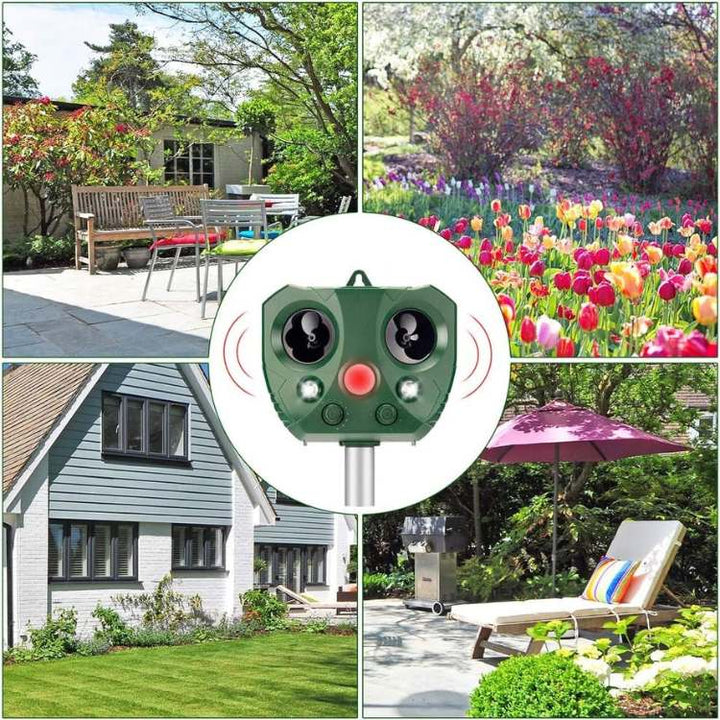Diervriendelijke ultrasone ongedierteverjager, zonne-energie voor effectieve tuinbescherming, waterdicht buiten.