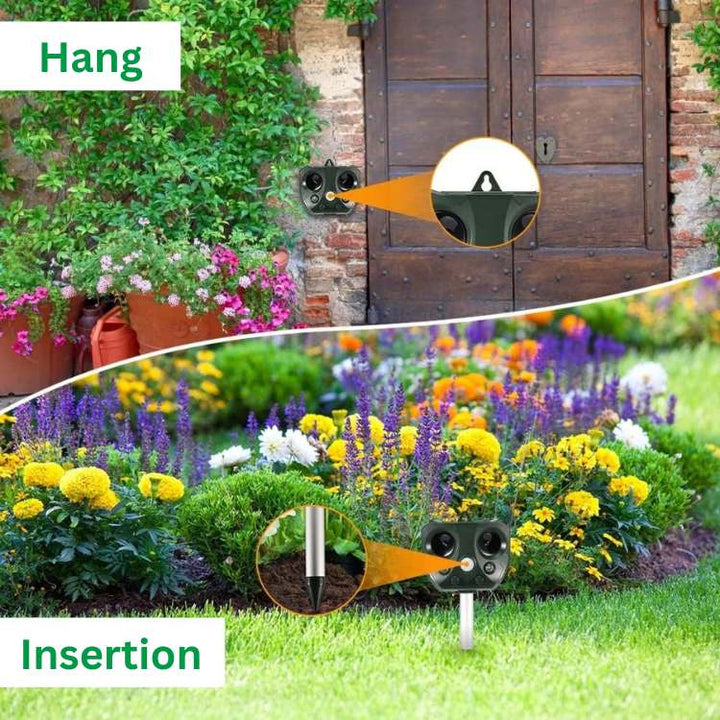 Stille ultrasone ongedierteverjager met zonne-energie voor diervriendelijke tuin- & buitenbescherming.