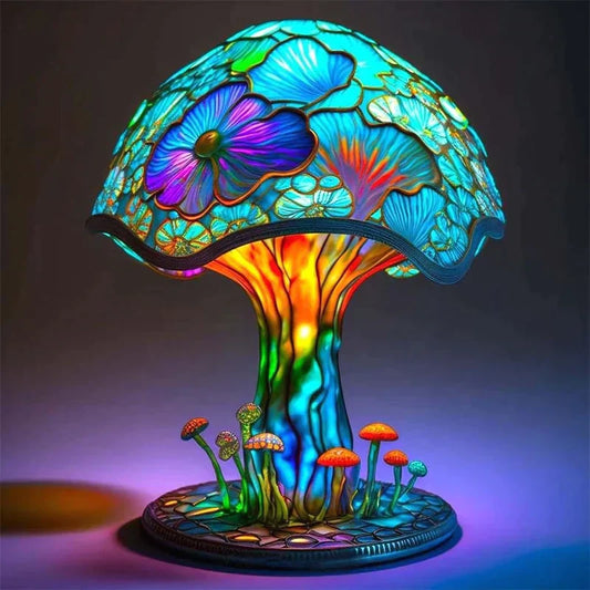 "Unieke glazen paddenstoel wandlamp met kleurrijk glas-in-lood design, sfeervolle verlichting, ideaal voor interieurdecoratie