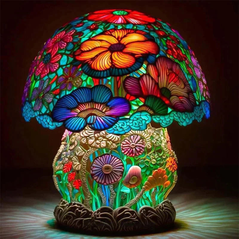 "Unieke glazen paddenstoel wandlamp met kleurrijk glas-in-lood design, sfeervolle verlichting, ideaal voor interieurdecoratie