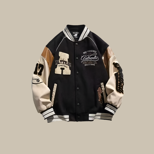 "Unieke vintage baseball herenjas, oversized pasvorm, verkrijgbaar in blauw, groen, zwart en meer, modern design."