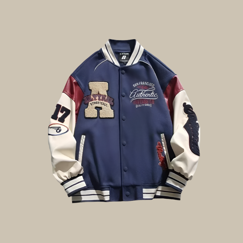 "Unieke vintage baseball herenjas, oversized pasvorm, verkrijgbaar in blauw, groen, zwart en meer, modern design."
