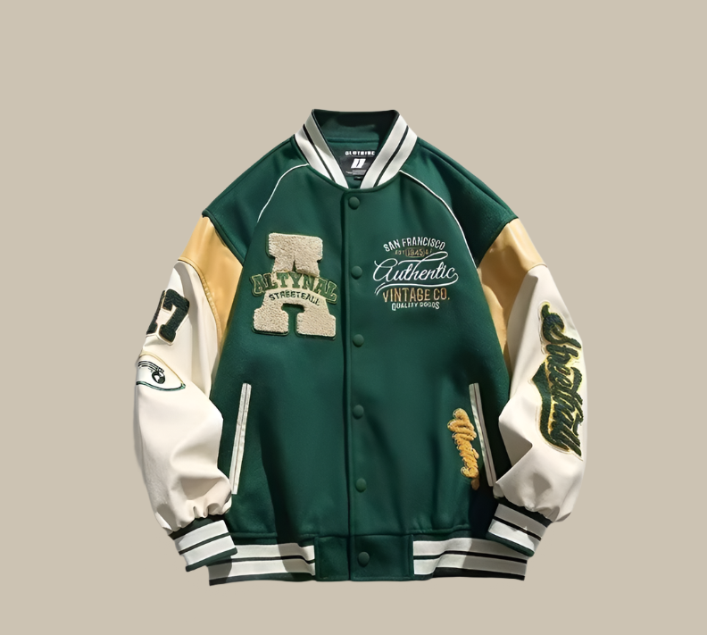 "Unieke vintage baseball herenjas, oversized pasvorm, verkrijgbaar in blauw, groen, zwart en meer, modern design."